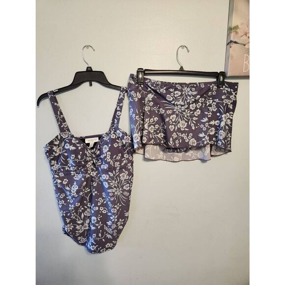 Motherhood Maternity L Large Tankini Swim Top ans Skirt Bottom Blue Floral - Picture 1 of 5